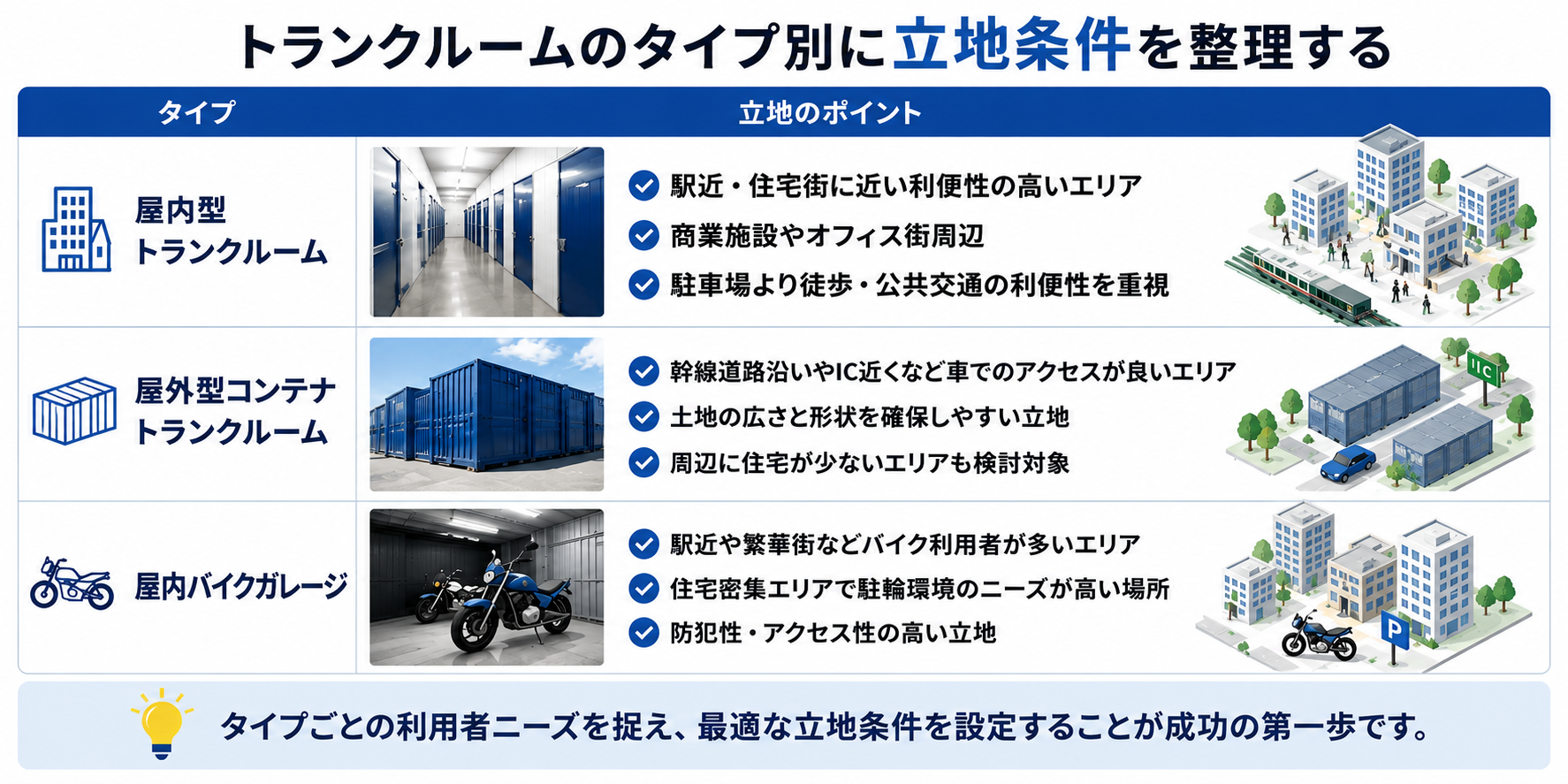 トランクルームのタイプ別に立地条件を整理する